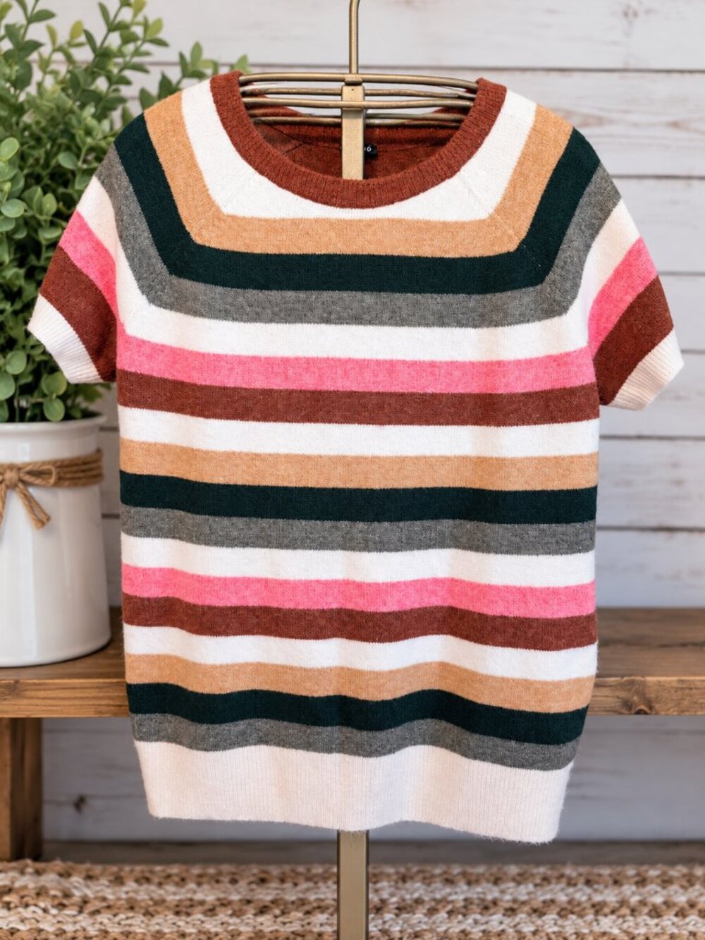 Torrid Size 2X Striped Short Sleeve Sweater Top Pink Brown Green Cream Plus Size